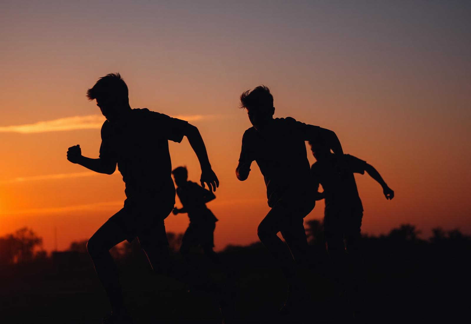Young footballers training at sunset